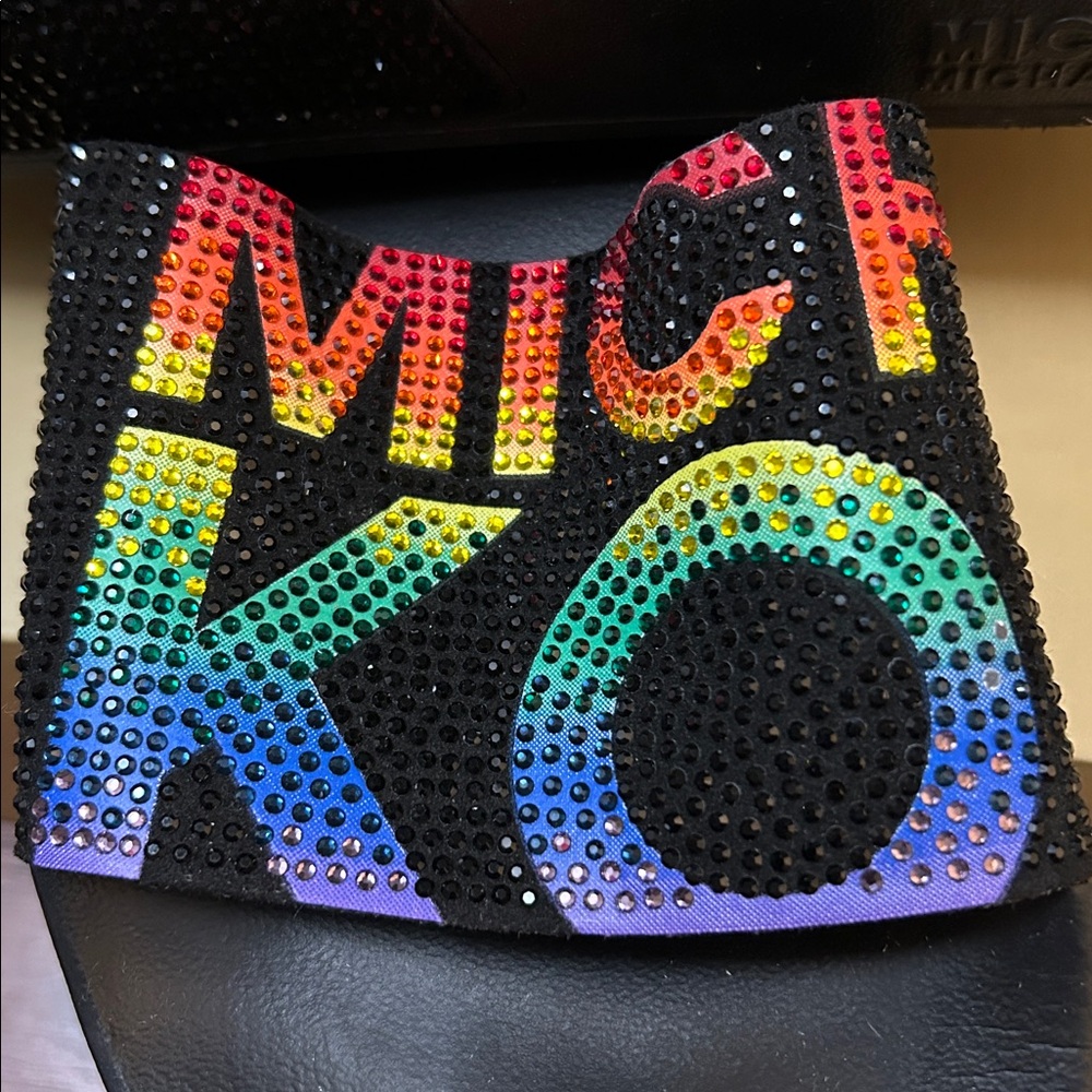 Michael Kors Black Slides with Rainbow Crystal Logo - Picture 2 of 5